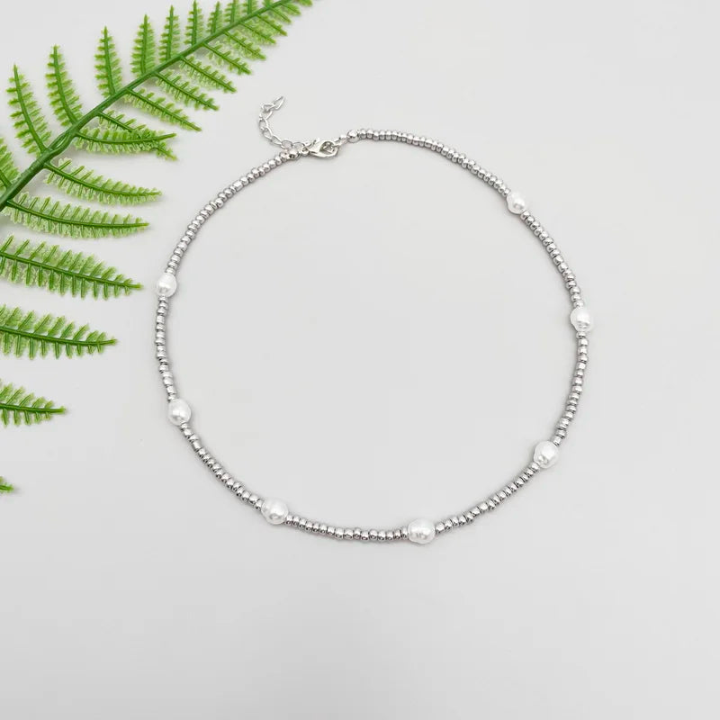Silver Pearl Beaded Korean Fashion Necklace - Glamora