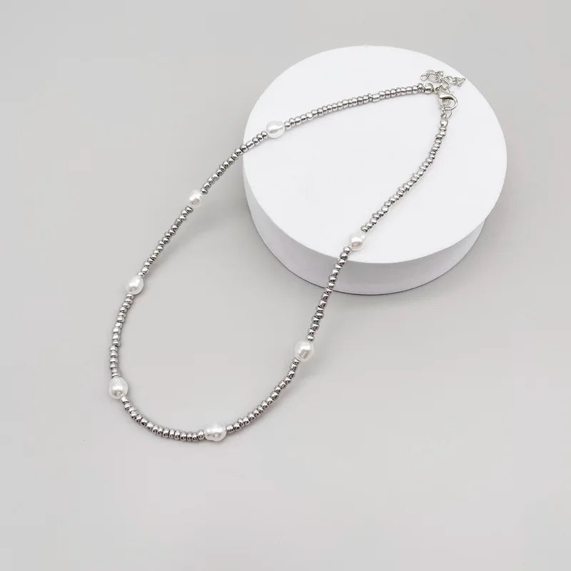 Silver Pearl Beaded Korean Fashion Necklace - Glamora