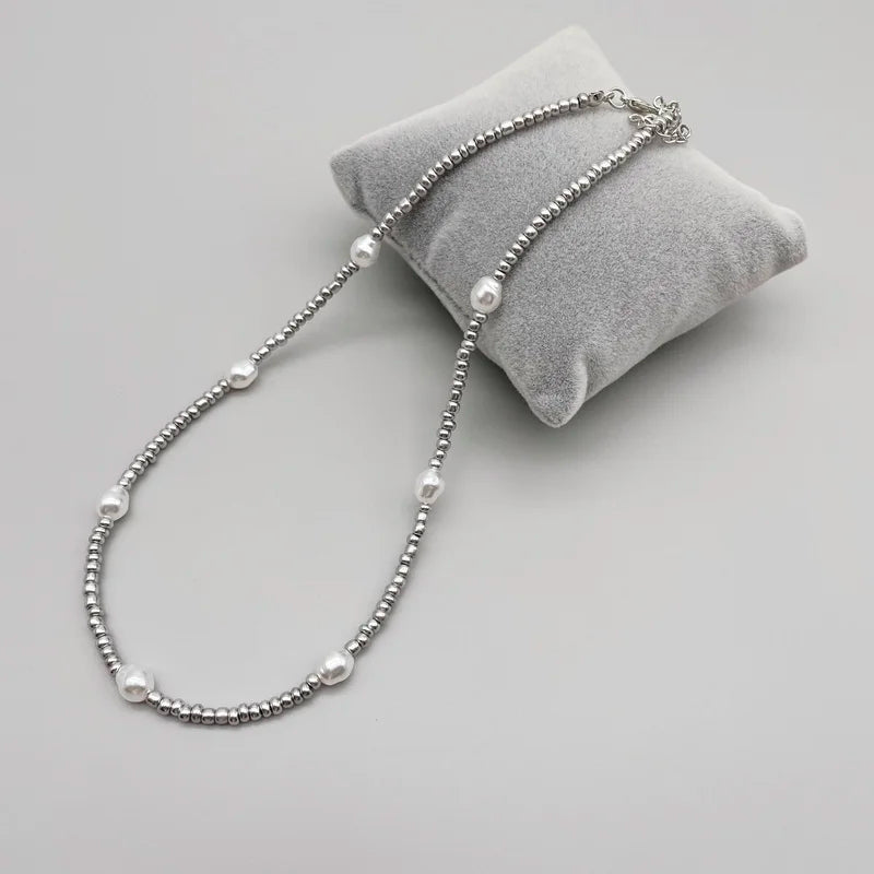 Silver Pearl Beaded Korean Fashion Necklace - Glamora