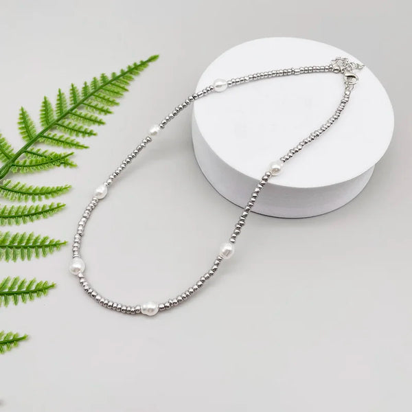 Silver Pearl Beaded Korean Fashion Necklace - Glamora