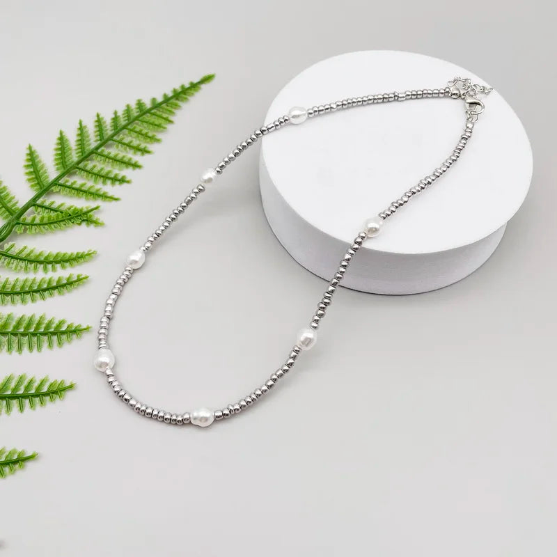 Silver Pearl Beaded Korean Fashion Necklace - Glamora