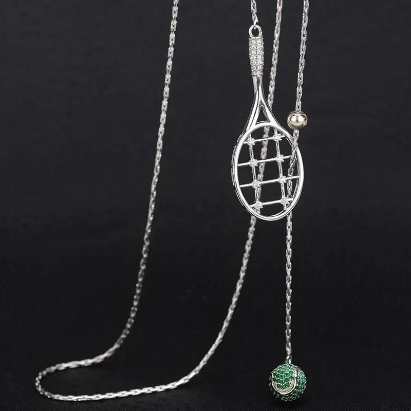 Silver Tennis Racket Pendant Long Necklace