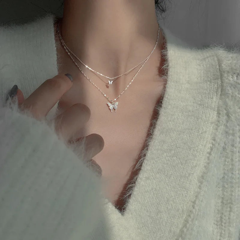 Double Layered Stainless Steel Butterfly Necklace - Glamora