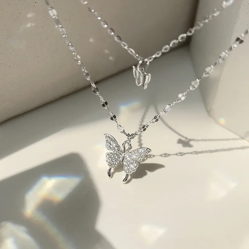 Double Layered Stainless Steel Butterfly Necklace