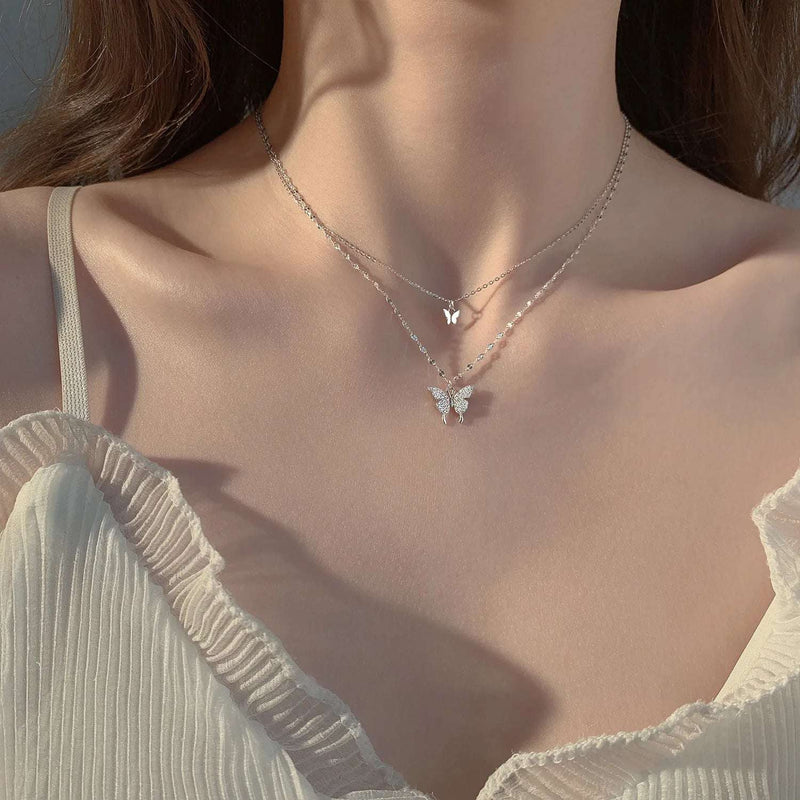 Double Layered Stainless Steel Butterfly Necklace - Glamora